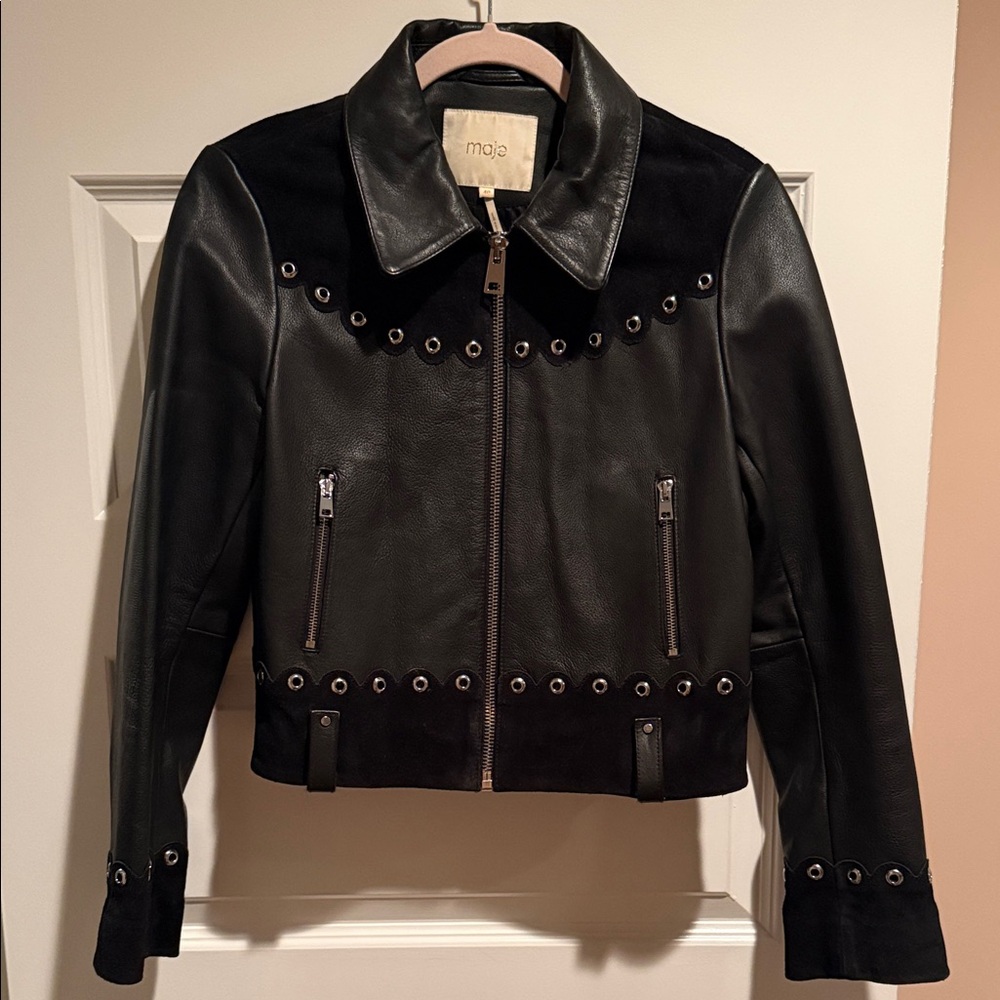 Maje Black Leather & Suede Eyelet Jacket with removable belt